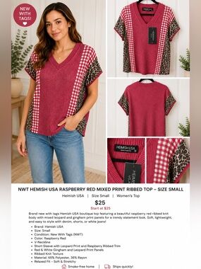 ♥️NWT Hemish USA Raspberry Red Mixed Print Ribbed Top Leopard Gingham Sz Small♥️